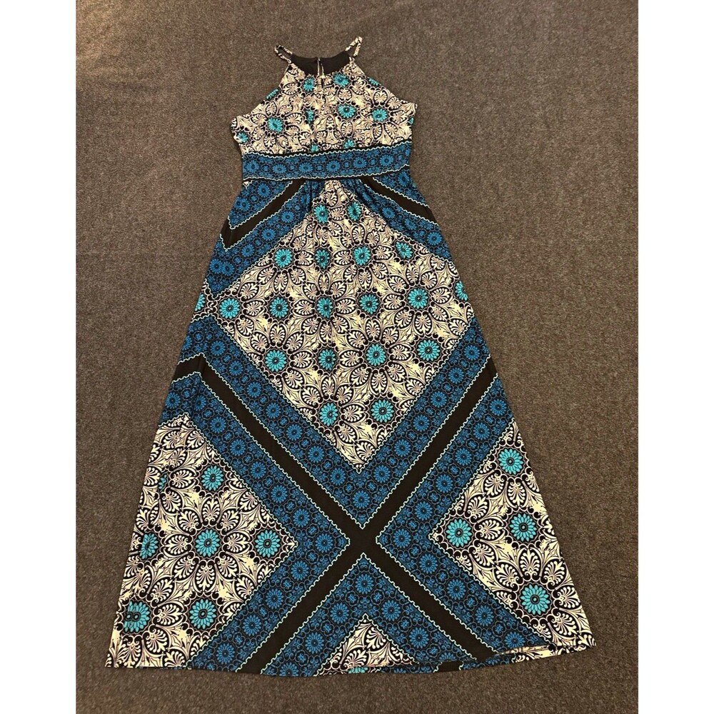 London Style Floral Midi Dress Black White Blue 14 Sleeveless Zip Back